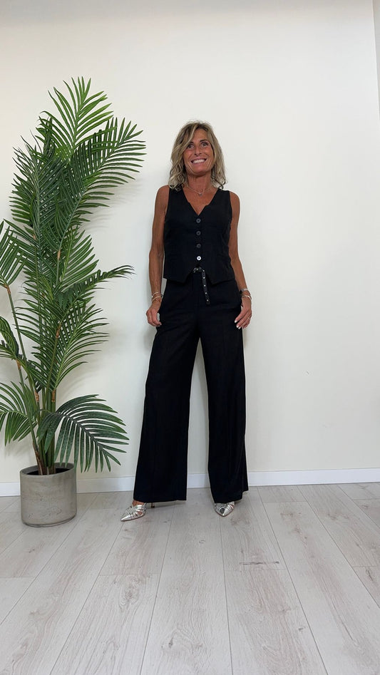 DAFNE - 205.201P45 - COMPLETO GILET+PANTALONE PALAZZO CON CINTURA 55%LINO 45%VISCOSA