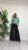 D'ELLE - I243112 - PANTALONE AMPIO, COTONE TINTO CAPO, ORLO SFRANGIATO CON CINTURINA ECO CAMOSCIO
