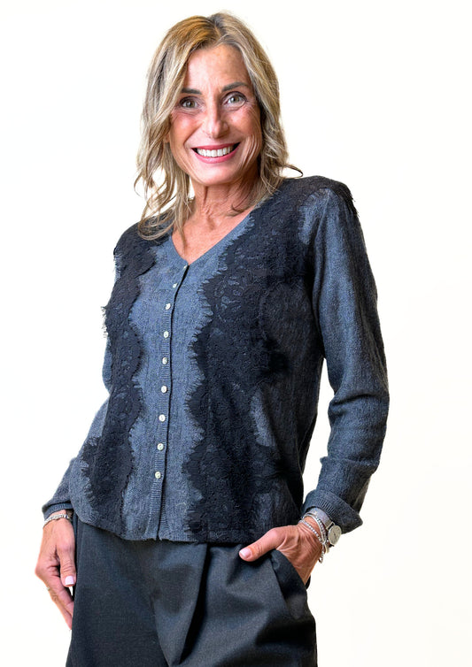 Sussurro - Cardigan Inserti Pizzo in Misto Lana