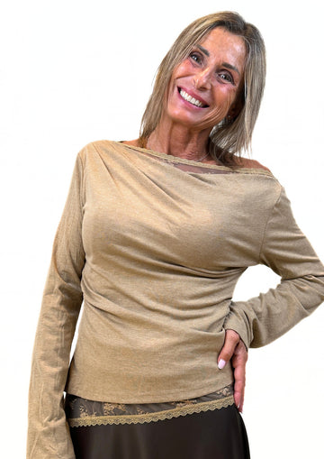 Miel - Blusa Manica Lunga con Scollo Drappeggiato e Pizzo
