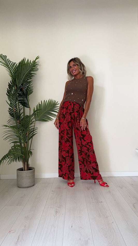 DAFNE - PA71P28 - PANTALONE VISCOSA, FANTASIA FOGLIE, VITA ELASTICATA, FLUIDO