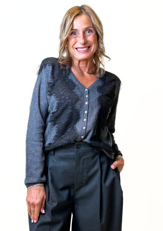 Sussurro - Cardigan Inserti Pizzo in Misto Lana