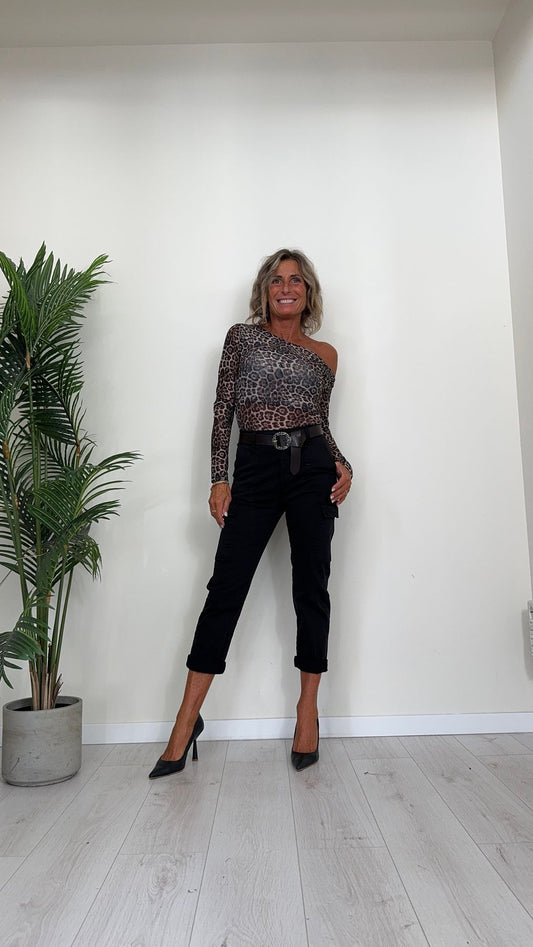 DAFNE - U5725P15 - TOP IN MAGLIA TULLE ANIMALIER CON SCOLLO ASIMMETRICO