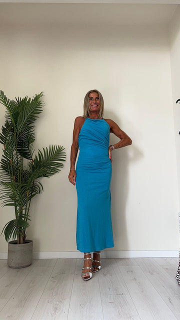 DAFNE - L5912P32 - ABITO LUNGO LAME' CON DRAPPEGGIO LATERALE E BRATELLINE INCROCIATE DIETRO