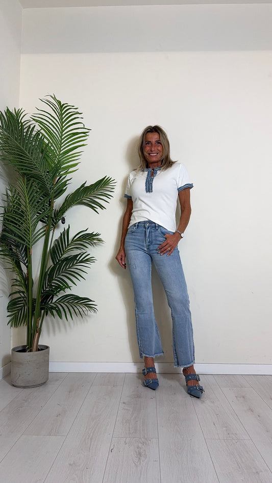 DAFNE - V8319P18 - T-SHIRT INSERTO DENIM CON BOTTONCINI ARGENTATI