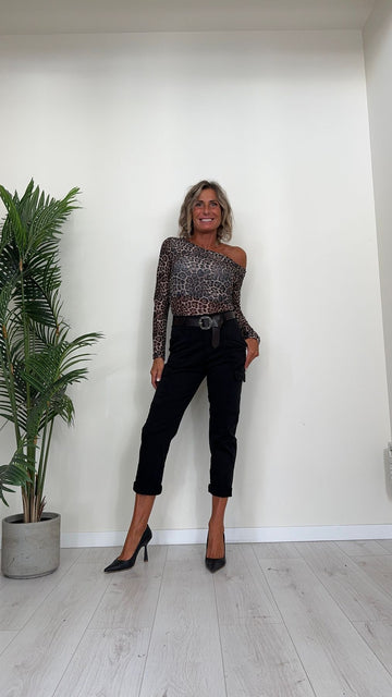 DAFNE - U5725P15 - TOP IN MAGLIA TULLE ANIMALIER CON SCOLLO ASIMMETRICO