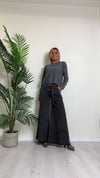 D'ELLE - I243112 - PANTALONE AMPIO, COTONE TINTO CAPO, ORLO SFRANGIATO CON CINTURINA ECO CAMOSCIO