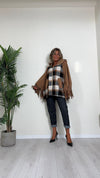 CELLOFUN - 2435CP - CAPPA CON CAPPUCCIO E FRANGE, MOTIVO CHECK, FULL ZIP, MISTO LANA