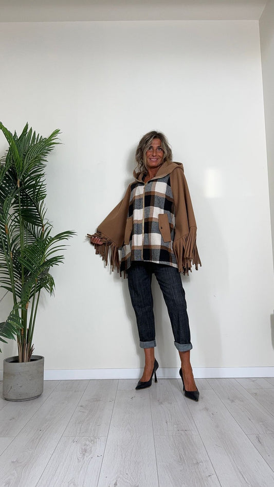 CELLOFUN - 2435CP - CAPPA CON CAPPUCCIO E FRANGE, MOTIVO CHECK, FULL ZIP, MISTO LANA