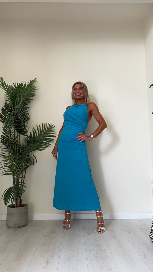 DAFNE - L5912P32 - ABITO LUNGO LAME' CON DRAPPEGGIO LATERALE E BRATELLINE INCROCIATE DIETRO