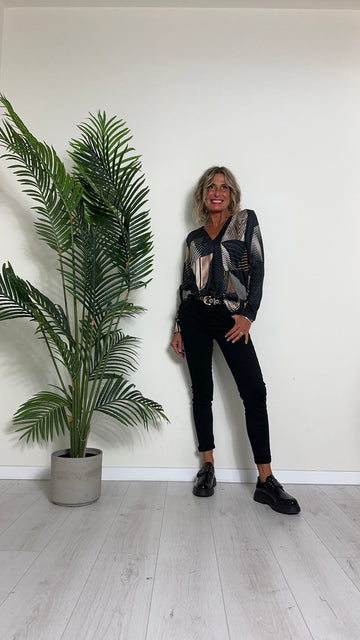 DAFNE - U6759P14 - MAGLIA SCOLLO A V INCROCIATO FANTASIA EFFETTO MANOPESCA