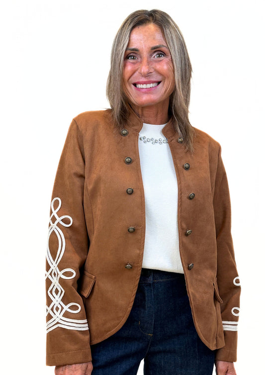 Mogano -  Giacca Suede Stile Napoleon con Ricami a Cordoncino