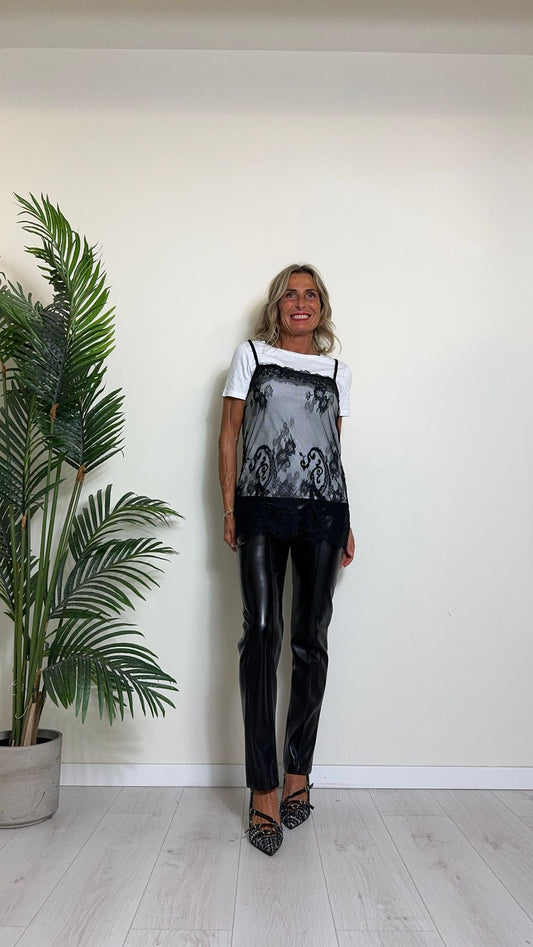 DAFNE - N1647P19 - TOP COMPLETO CON T-SHIRT COTONE E TOP PIZZO ORLO SMERLATO