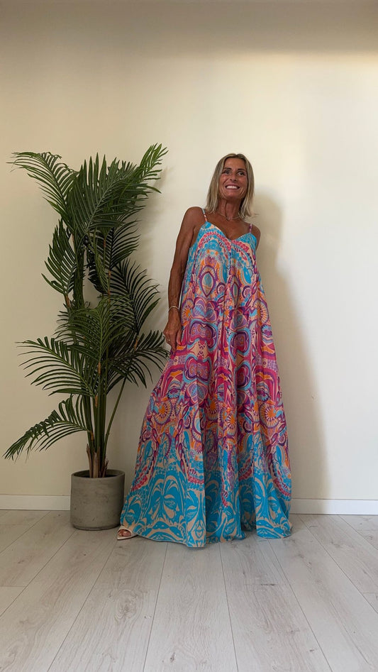 GIORGIA & JHONS - 60512SS24 - ABITO LUNGO FANTASIA MULTICOLOR IN MUSSOLA 100%COTONE FODERA 100%VISCOSA, SPALLINI REGOLABILI, FIT AMPIO