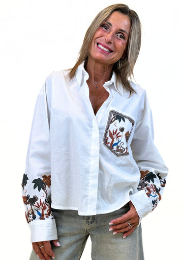 Sérénité - Camicia Bianca in Cotone Stampa Jungle