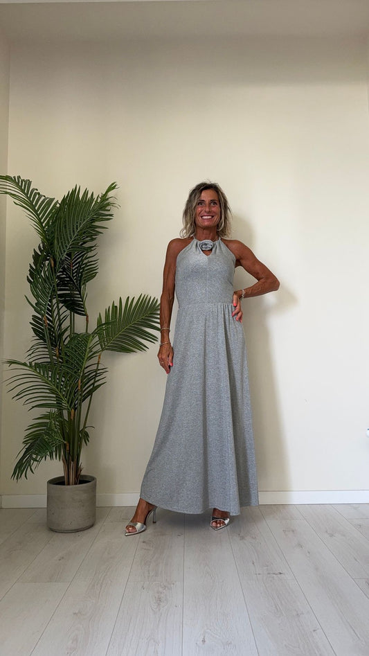 DAFNE - 2227P29 - ABITO LUNGO LUREX CON ROESELLINA COLLO