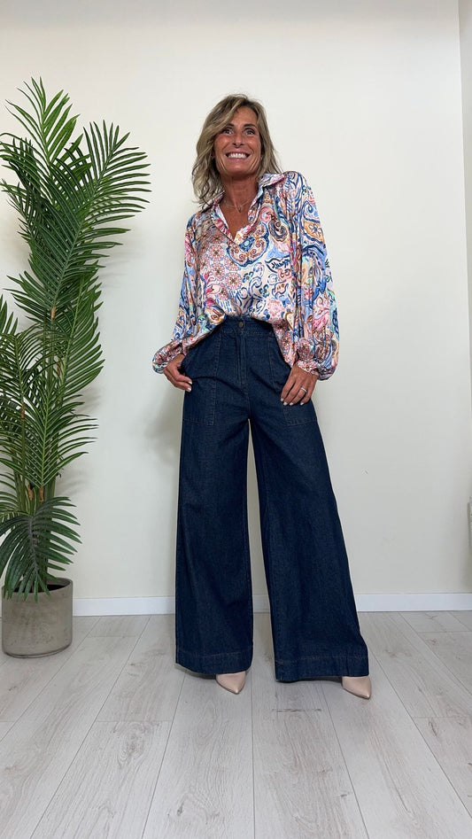 DAFNE - 556711P33 - PANTALONE PALAZZO SIMIL DENIM ELASTICO LATERALE E DIETRO