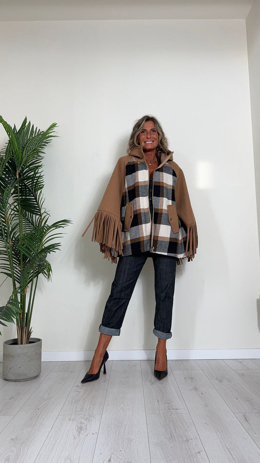 CELLOFUN - 2435CP - CAPPA CON CAPPUCCIO E FRANGE, MOTIVO CHECK, FULL ZIP, MISTO LANA