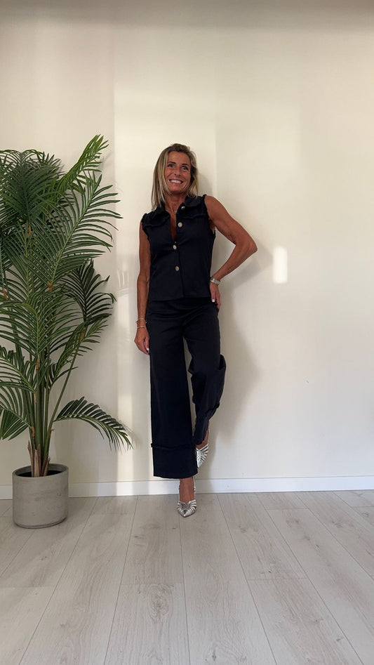 GIORGIA & JHONS - 60323SS24 - PANTALONE COTONE ELASTICIZZATO GAMBA AMPIA CON INSERTO SFRANGIATINO