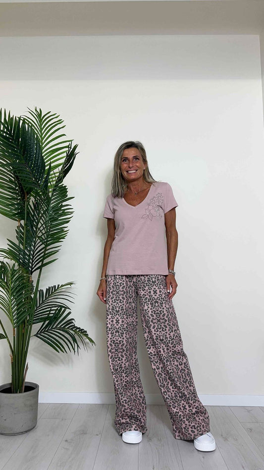 GIORGIA & JHONS - 60114SS24 - T-SHIRT SCOLLO A V BORCHIETTE DISEGNO FIORE, 100%COTONE