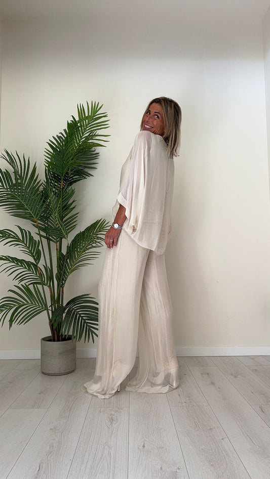 GIORGIA & JHONS - 60300SS24 - PANTALONE PALAZZO SETA FODERA JERSEY VISCOSA CON VITA ELASTICA E COULISSE