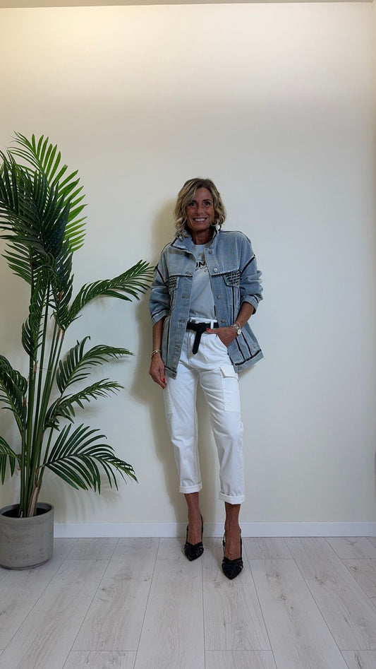 DAFNE - MF2405P39 - GIUBBOTTO DENIM OVER CON STRASS E PENNELLATE BIANCO/NERO