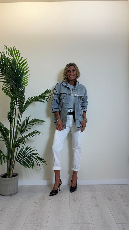 DAFNE - MF2405P39 - GIUBBOTTO DENIM OVER CON STRASS E PENNELLATE BIANCO/NERO