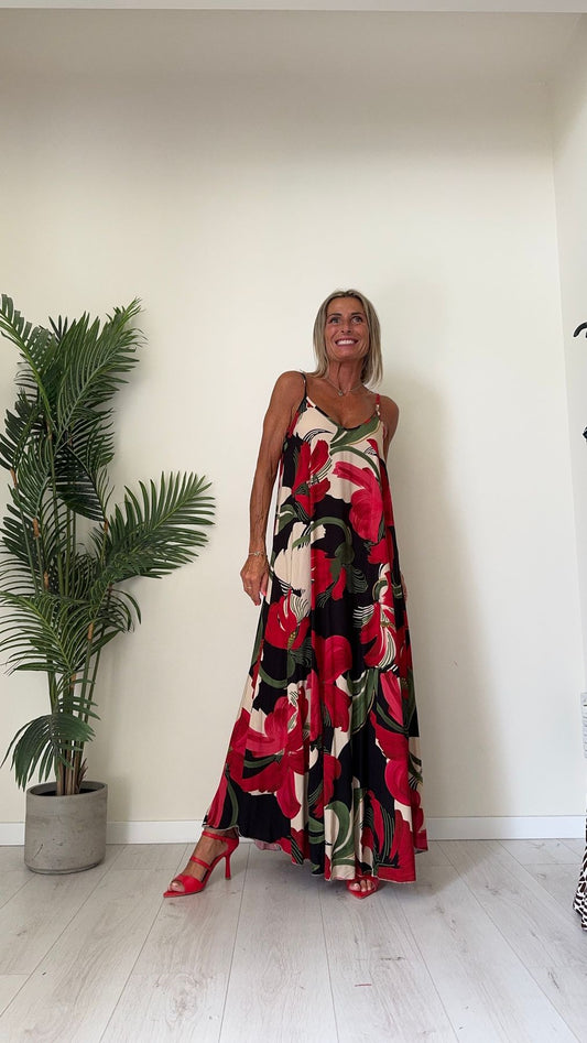 DAFNE - 1456P29 - ABITO LUNGO 100%VISCOSA FANTASIA CON SPALLINE E DOPPIO SCOLLO A V