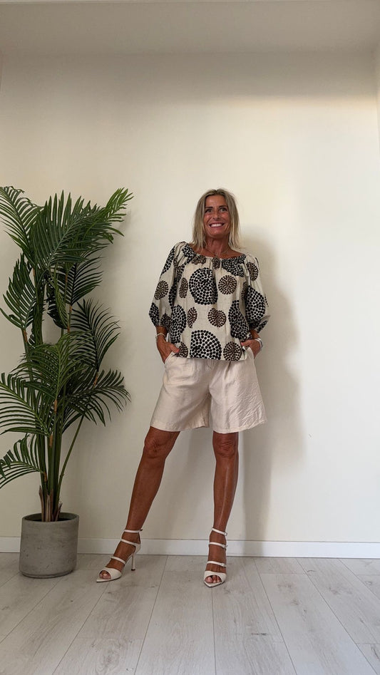 GIORGIA & JHONS - 60503SS24 - BLUSA MUSSOLA COTONE STAMPA PALLINE, SVASATA CON SPALLE SCESE ELASTICATE