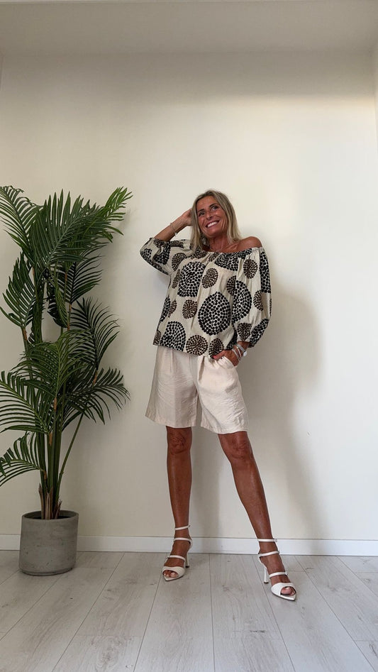 GIORGIA & JHONS - 60503SS24 - BLUSA MUSSOLA COTONE STAMPA PALLINE, SVASATA CON SPALLE SCESE ELASTICATE