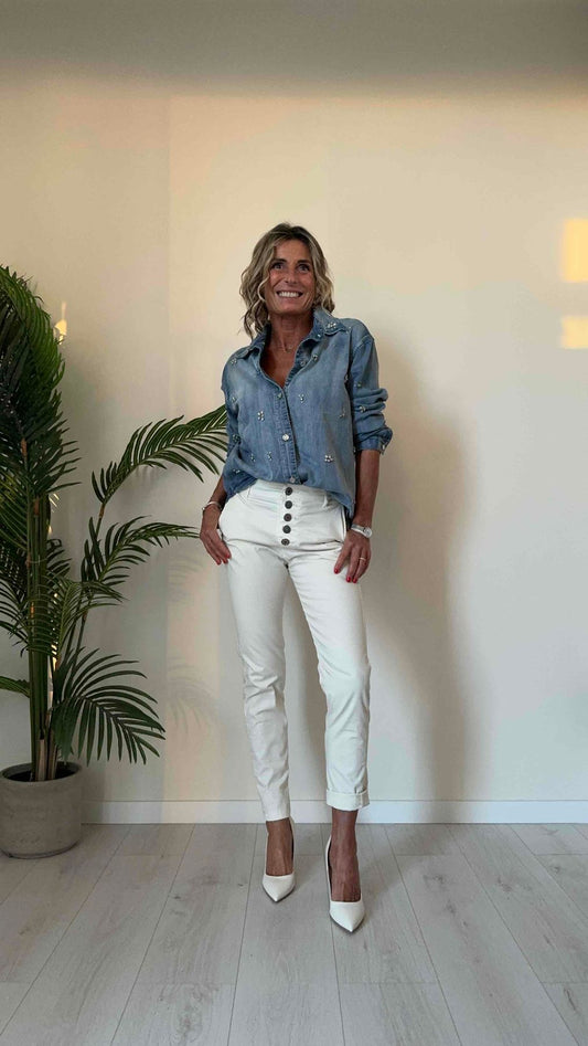 DAFNE - 823299P28 - PANTALONE COTONE MOTIVO IN RILIEVO, SLIM FIT CON BOTTONI A VISTA SMALTATI