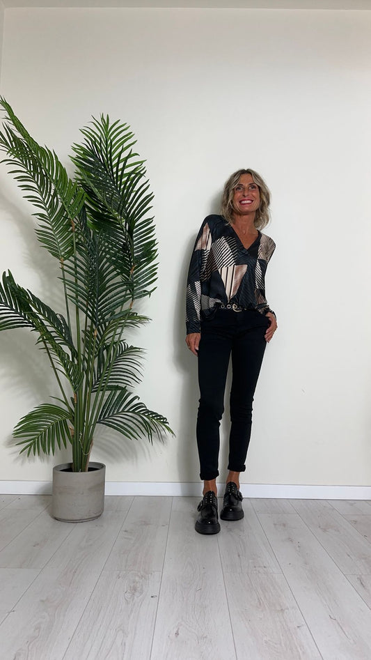 DAFNE - U6759P14 - MAGLIA SCOLLO A V INCROCIATO FANTASIA EFFETTO MANOPESCA