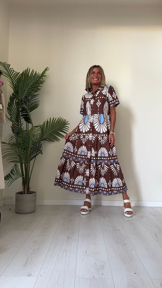 GIORGIA & JHONS - 60506SS24 - ABITO CHEMISIER MUSSOLA COTONE STAMPA ETNICA CON CINTURINA