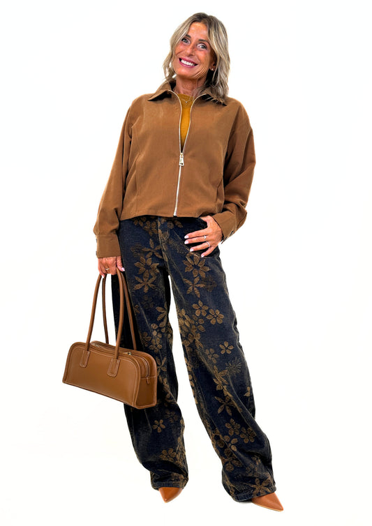Astres - Pantalone Simil Denim con Stampa Floreale Velluto