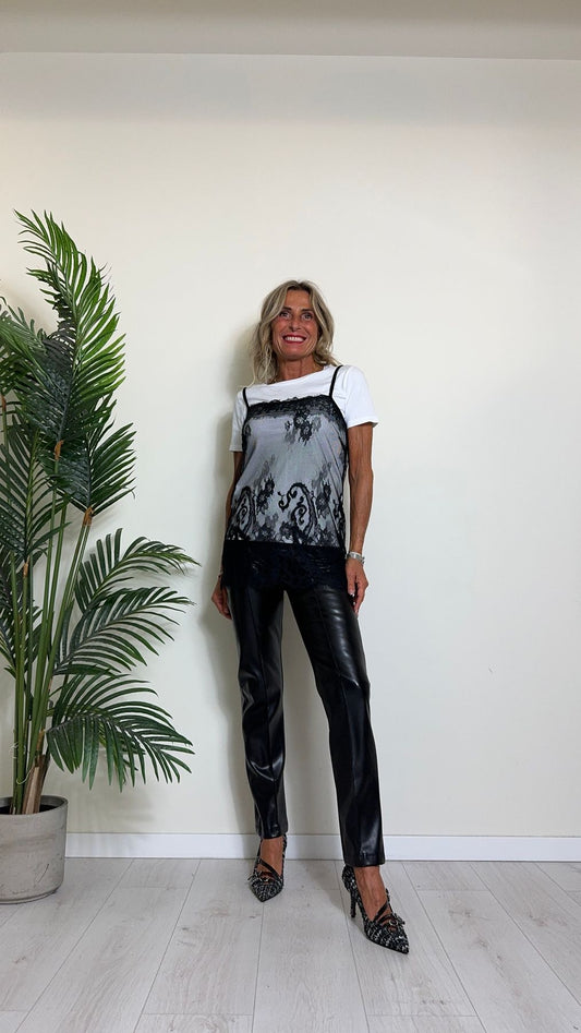 DAFNE - N1647P19 - TOP COMPLETO CON T-SHIRT COTONE E TOP PIZZO ORLO SMERLATO