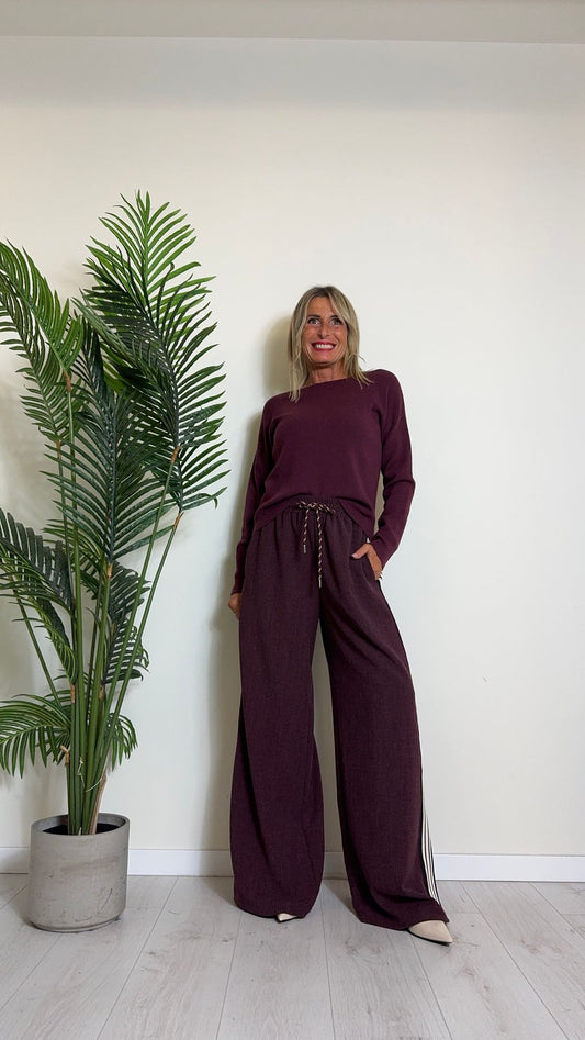 VICOLO - TS1230 - PANTALONE PALAZZO IN POLIVISCOSA CON VITA ELASTICATA, COULISSE E BANDE LATERALI A CONTRASTO