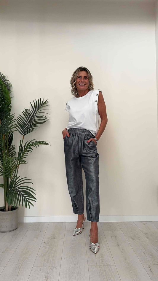 DAFNE - MKM14029P18 - T-SHIRT COTONE, MANICA ALETTA CON BOTTONI MILITARY ARGENTO