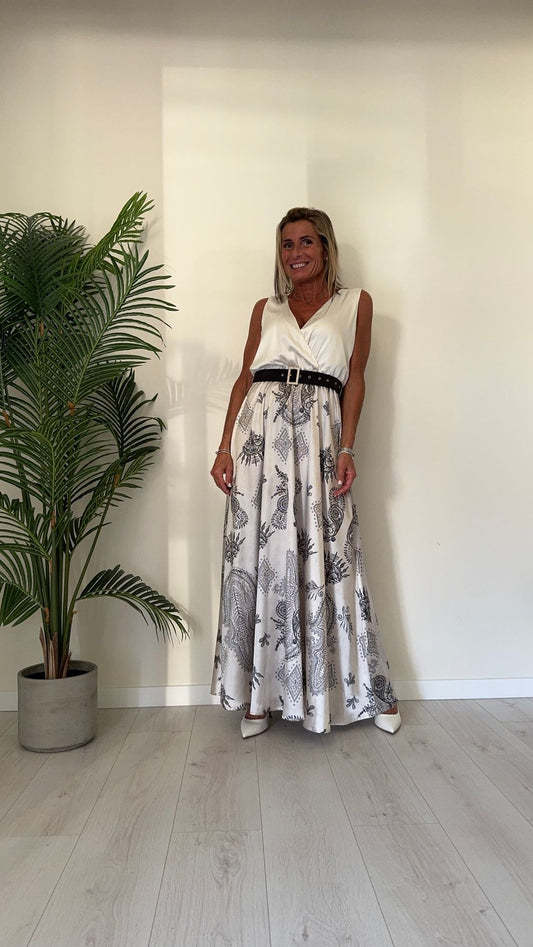 GIORGIA & JHONS - 60280SS24 - ABITO LUNGO RASO FANTASIA, SCOLLO INCROCIATO CON CINTURA