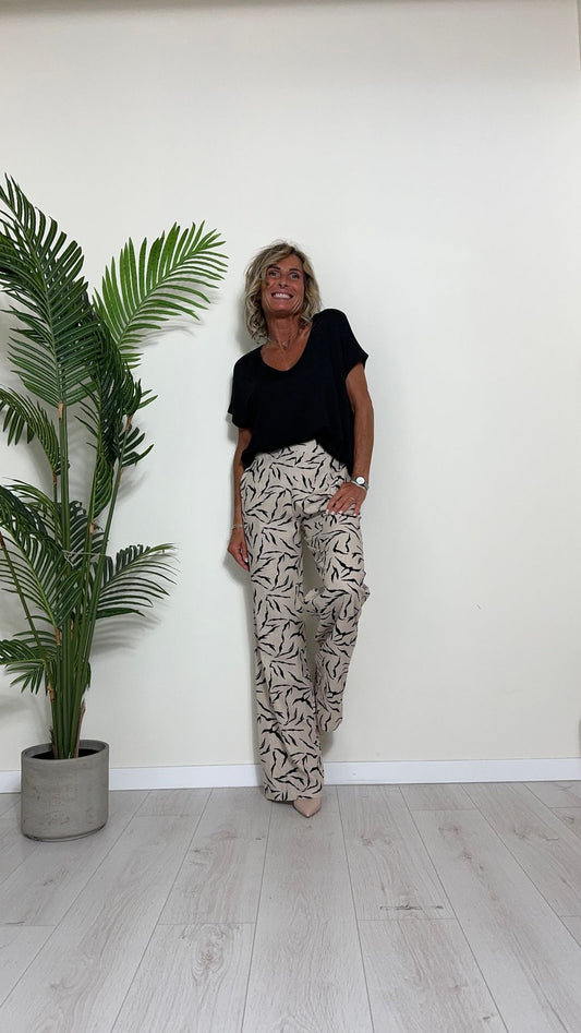 GIORGIA & JHONS - 60362SS24 - PANTALONE PALAZZO LINO(55%)/VISCOSA(45%) FANTASIA STILIZZATA CON ELASTICO RETRO E TASCHE A FILO