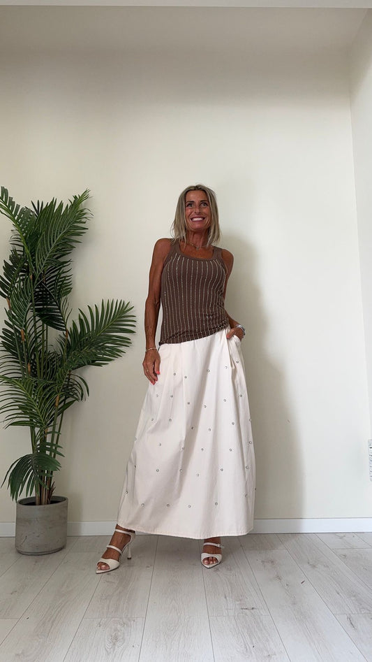 DAFNE - G07812P28 - GONNA LUNGA COTONE CON STRASS, ELASTICO RETRO E TASCHE