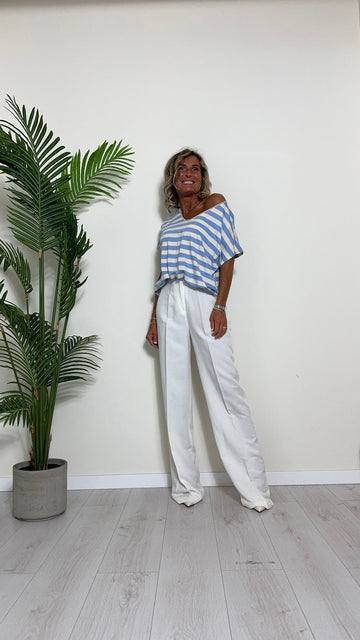 TWEED - 2401P16 - T-SHIRT VISCOSA(37%)/COTONE(38%) RIGHE, FIT OVER, SCOLLO A V PROFILO DORATO