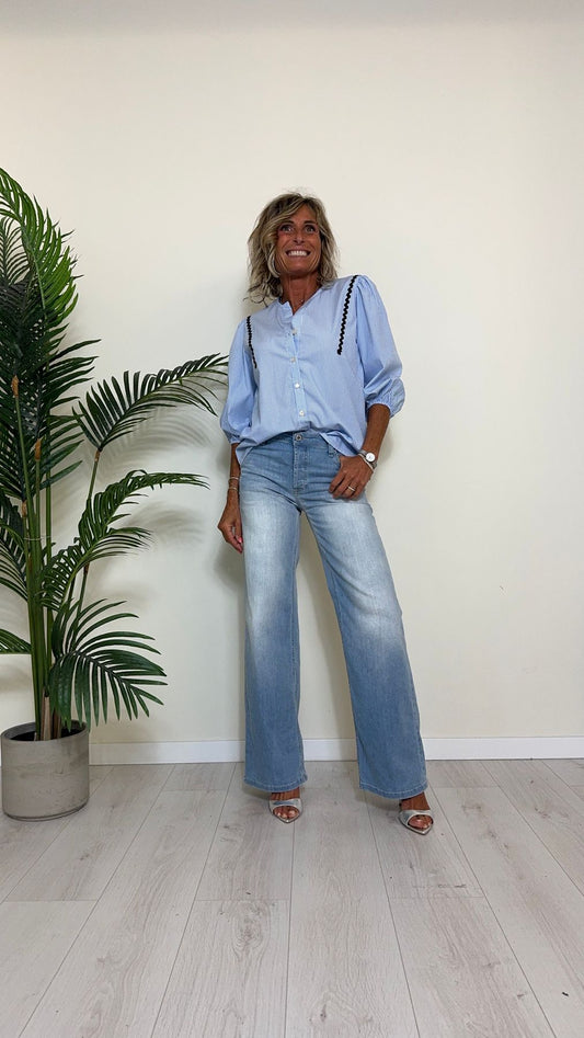 TENSIONE IN - 34121 - CAMICIA COTONE RICAMO ZIG ZAG BACCHETTATA