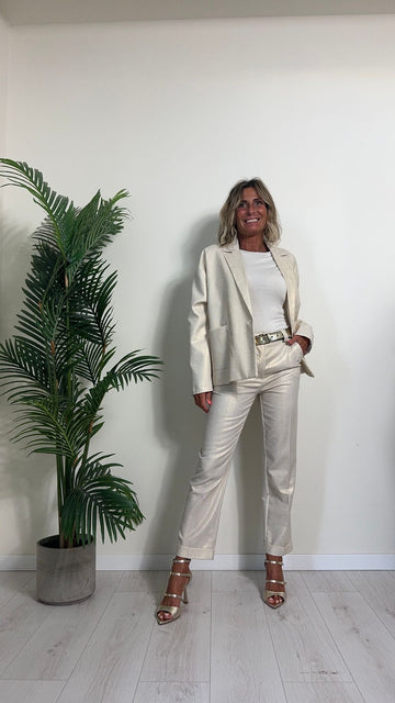 PLEASE - P25YCQ7000 - PANTALONE A SIGARETTA 80% VISCOSA 20%LINO CON RISVOLTO E PIEGA CENTRALE, SPALMATO ORO