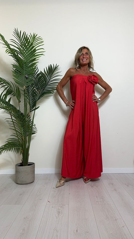 TENSIONE IN - MO519 - JUMPSUIT (TUTA) MODAL  STRAPLESS CON SPILLA FIORE ED ELASTICO NASCOSTO