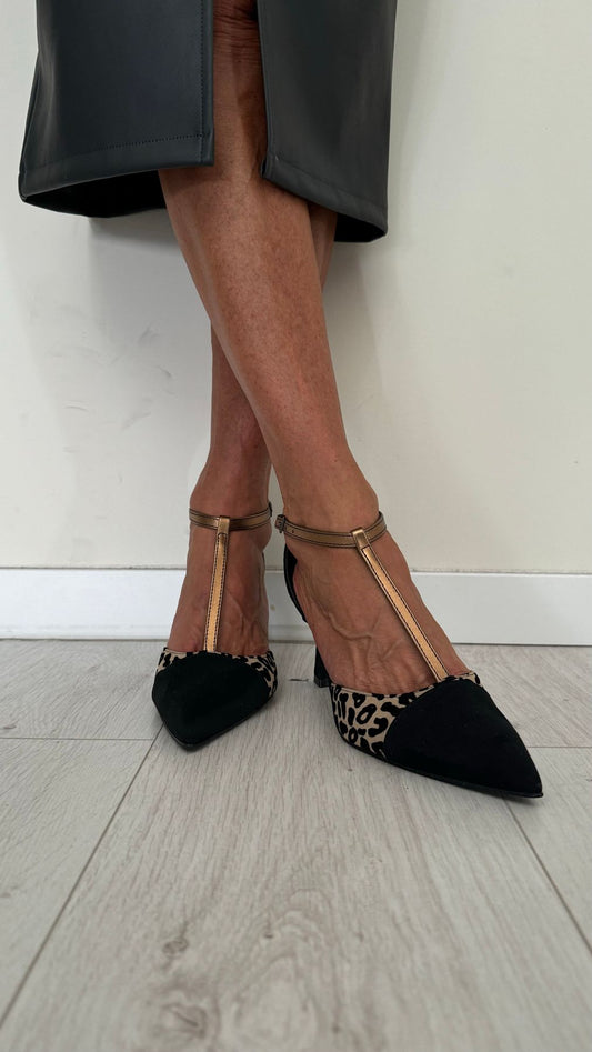 OVYE' - BIANCACAM - DECOLLETEE T-BAR CAMOSCIO ANIMALIER TACCO 8 CM