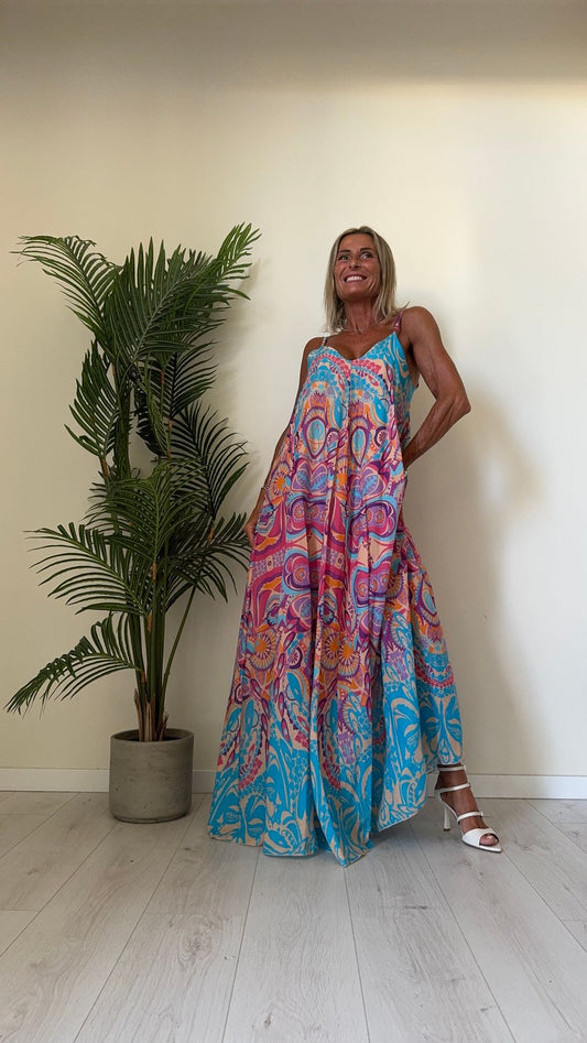 GIORGIA & JHONS - 60512SS24 - ABITO LUNGO FANTASIA MULTICOLOR IN MUSSOLA 100%COTONE FODERA 100%VISCOSA, SPALLINI REGOLABILI, FIT AMPIO