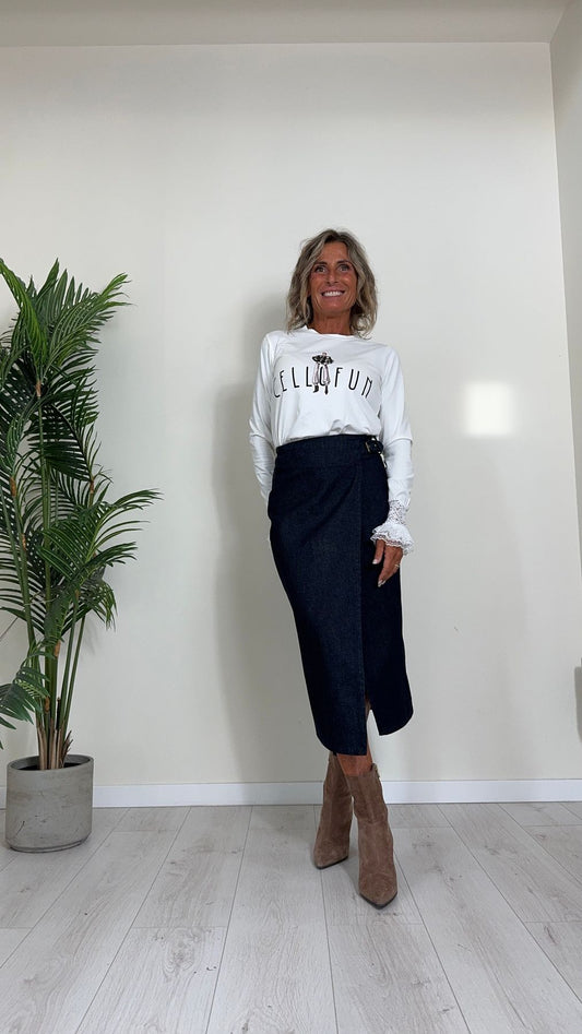 CELLOFUN - 2453T - T-SHIRT STAMPATA A GIROCOLLO CON POLSINI MANICHE IN PIZZO