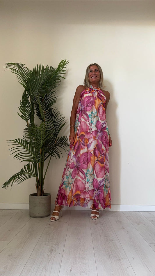 GIORGIA & JHONS - 60516SS24 - ABITO LUNGO FANTASIA IN VISCOSA(70%) E SETA(30%), FODERATO, SPALLE AMERICANA E LACCETTO NUCA, FIT AMPIO