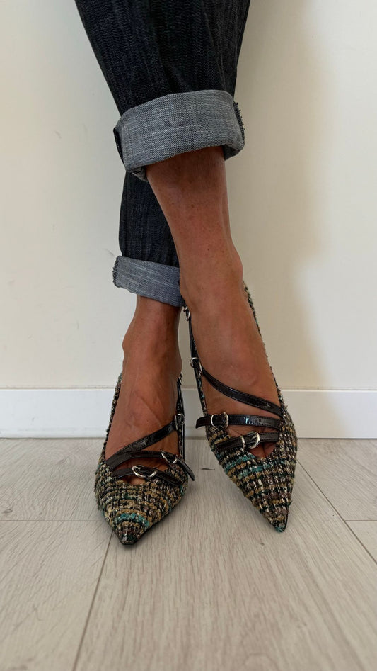 DIVINE FOLLIE - AI63/1622AP45 - DECOLLETEE CON TRE CINTURINI FANTASIA TARTAN, TACCO 7 CM