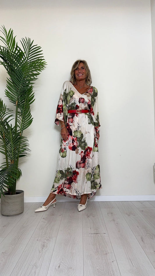DAFNE - 7991P38 - ABITO LUNGO FANTASIA, VISCOSA(80%)/SETA(20%) FIT AMPIO CON DOPPIO SCOLLO A V